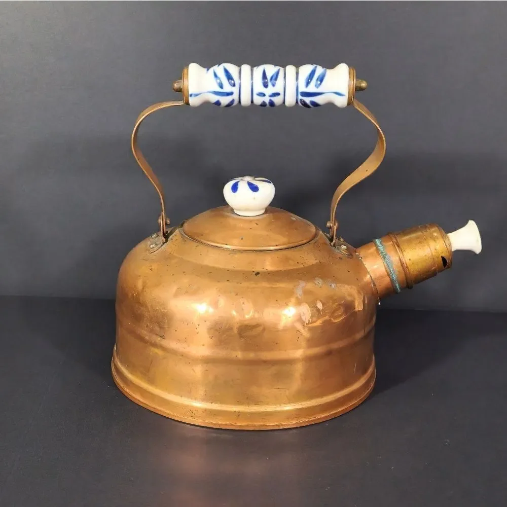 Antique Copper brass teapot with porcelain Delft handle